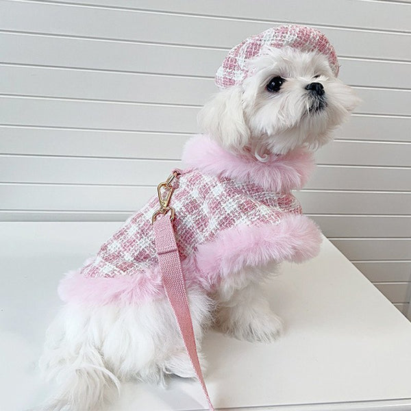 Luxury Chanel Tweed Faux Fur Cape Cloak Coat with Leashes Dog Clothes